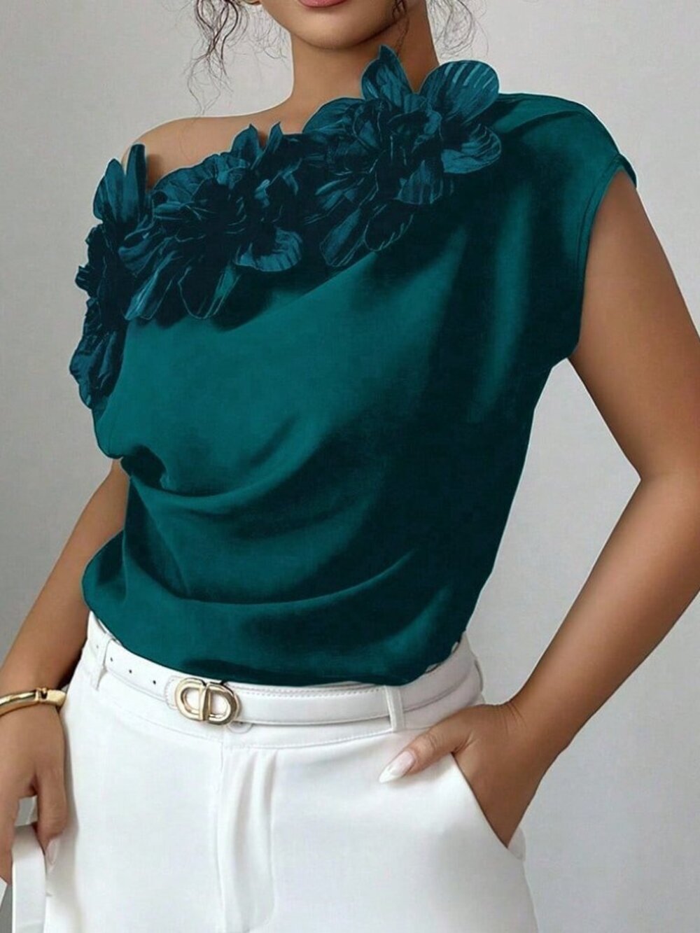 Teal Blue Casual Women's 3d Floral Decor Ruched Shoulder Blouse